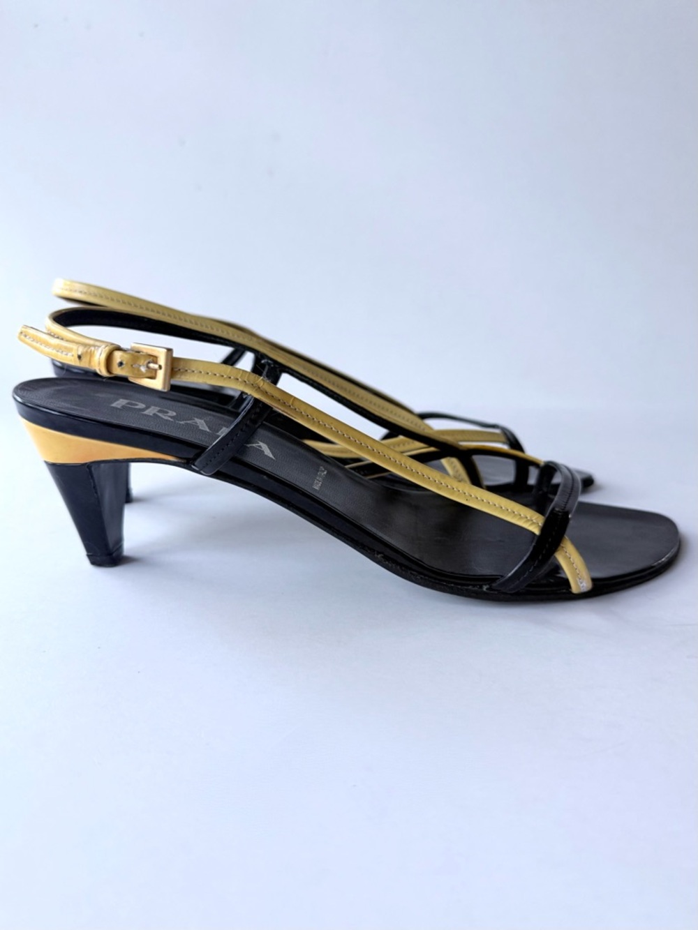Vintage Prada Black & Yellow Patent Leather Strappy Slingback Sandal Heels 39.5 - Picture 8 of 16